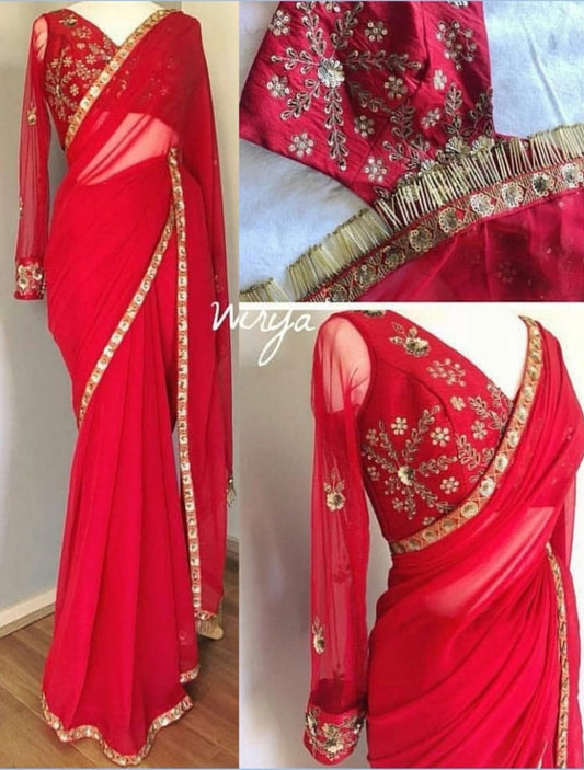 Red georgette partywear saree with embroidered blouse