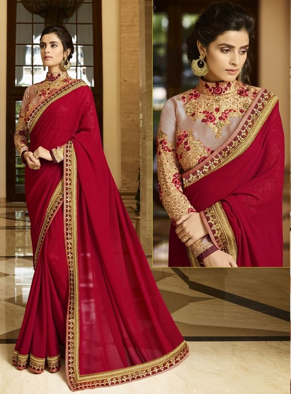 Red georgette partywear saree with fancy embroidered blouse