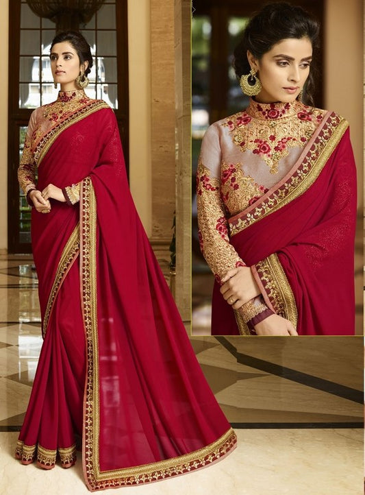 Red georgette partywear saree with fancy embroidered blouse