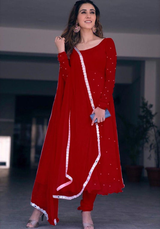 Red georgette pearl work anarkali suit