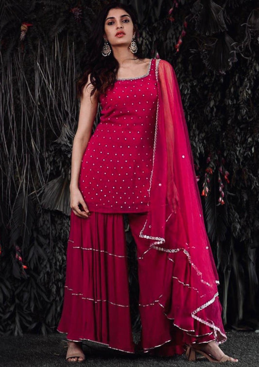 Red georgette pearl work sharara salwar suit