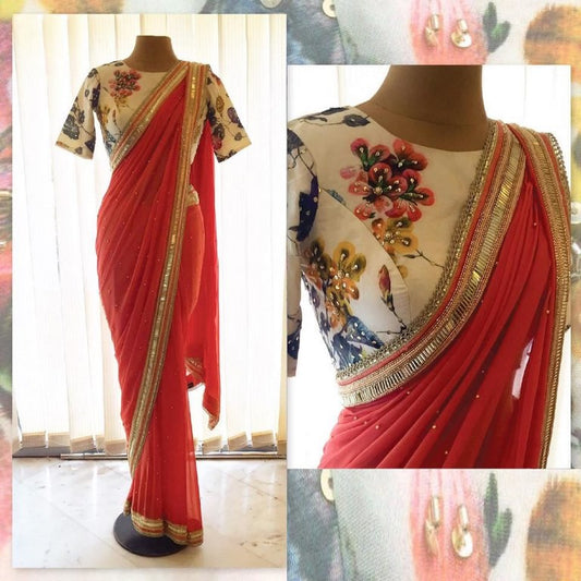 Red georgette perl work partywear saree