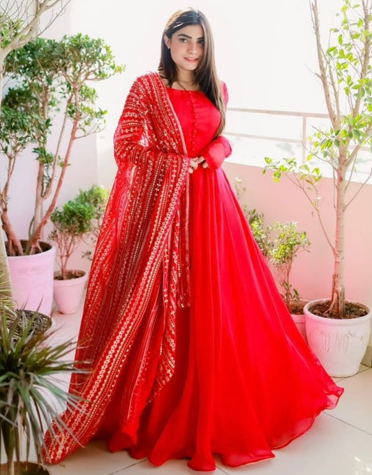 Red georgette plain long anarkali suit with heavy sequence work dupatta