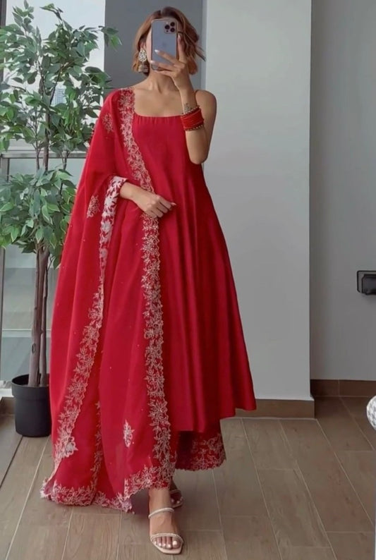 Red georgette plain party wear plazzo gown