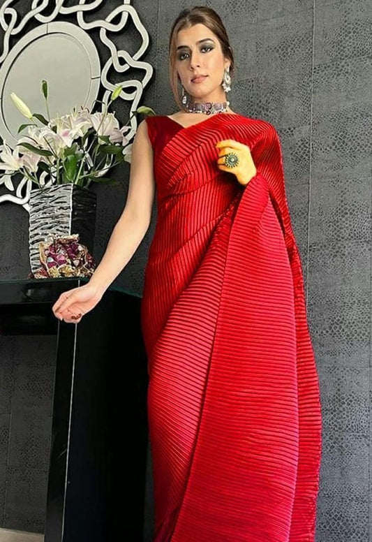 Red georgette pleated partywear saree