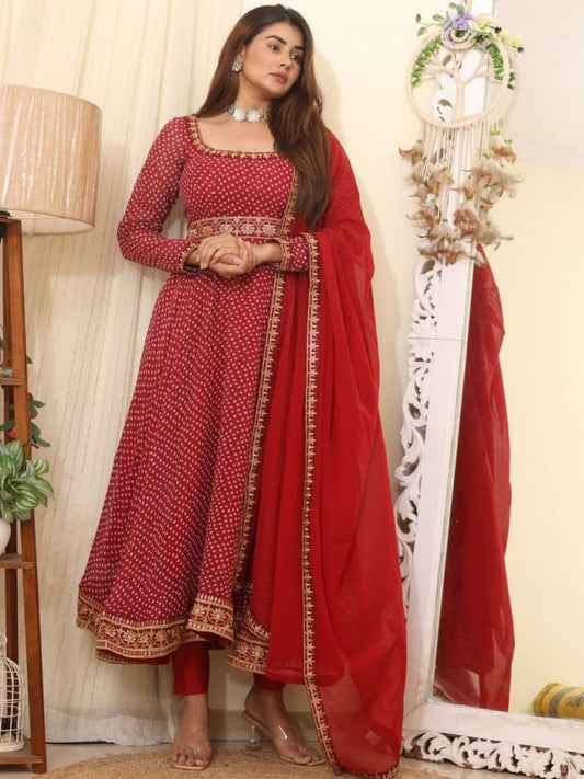 Red georgette print and embroidered gown