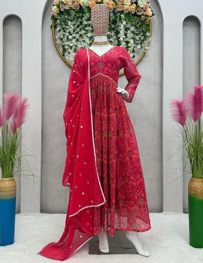 Red georgette print and hand worked alia cut kurti