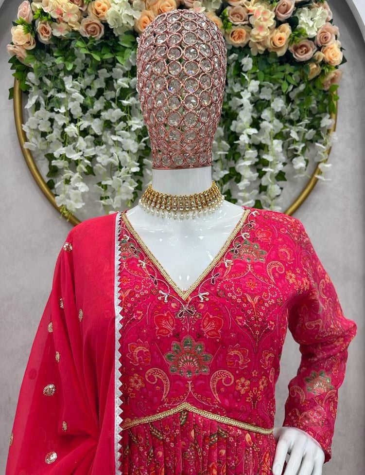 Red georgette print and hand worked alia cut kurti