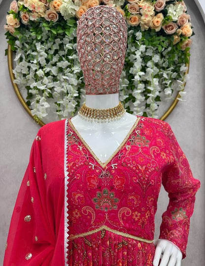 Red georgette print and hand worked alia cut kurti