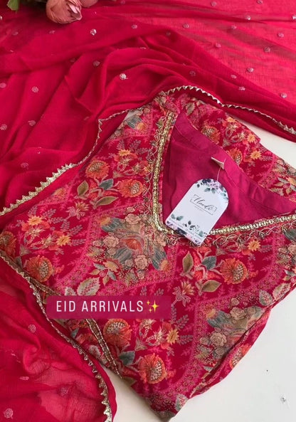 Red georgette print and hand worked alia cut kurti