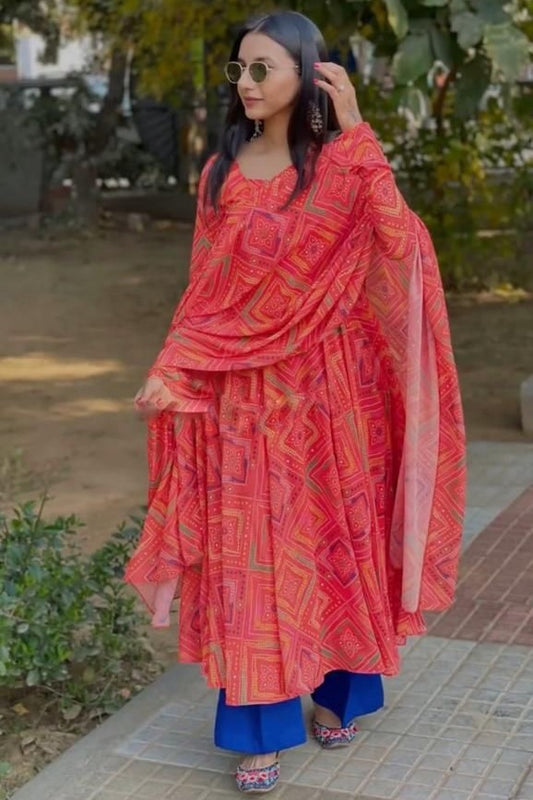 Red georgette printed anarkali suit