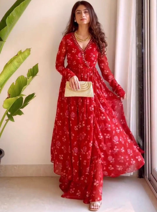 Red georgette printed anarkali with ruffle plazzo