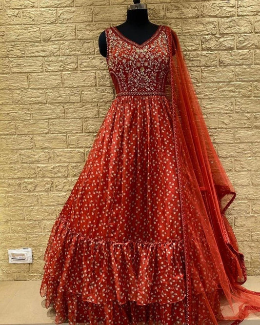 Red georgette printed and embroidered gown