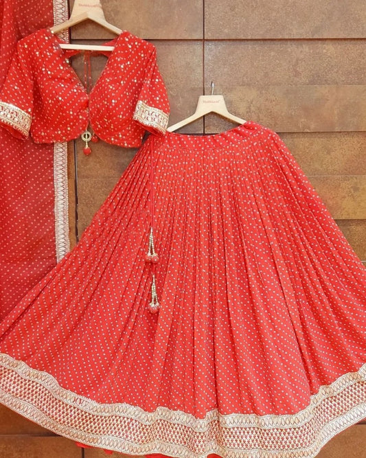 Red georgette printed and embroidered lehenga choli