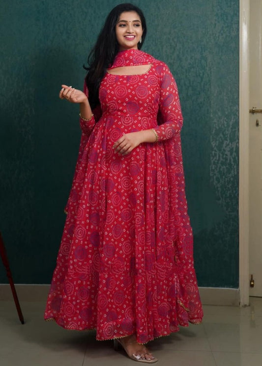 Red georgette printed casual wear anarkali suit