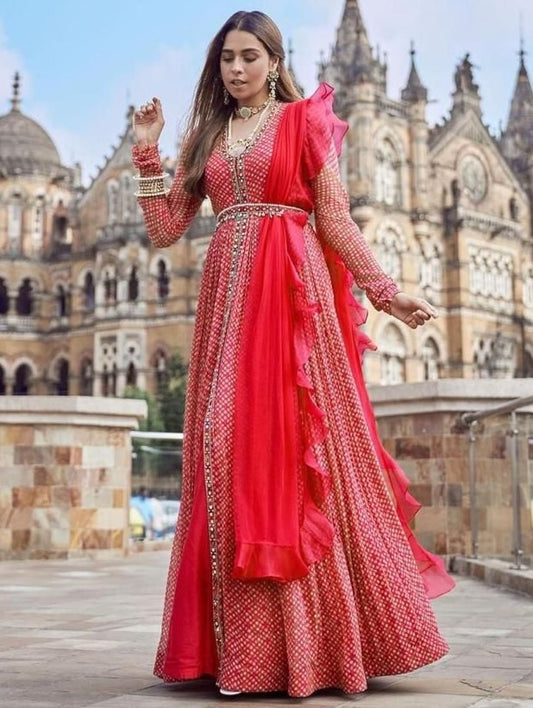 Red georgette printed gown