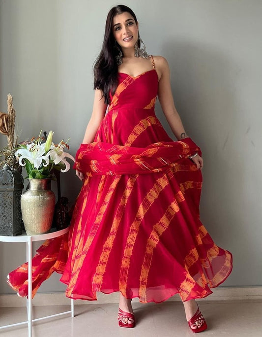 Red georgette printed gown