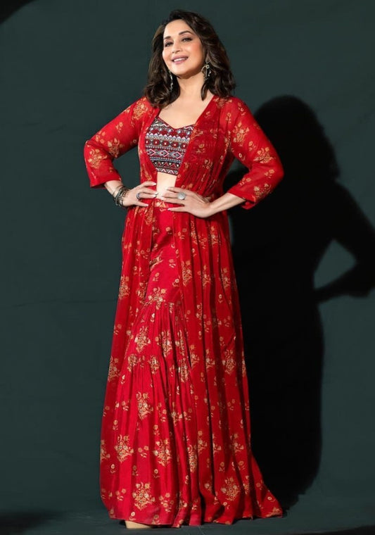 Red georgette printed indowestern sharara suit with shrug