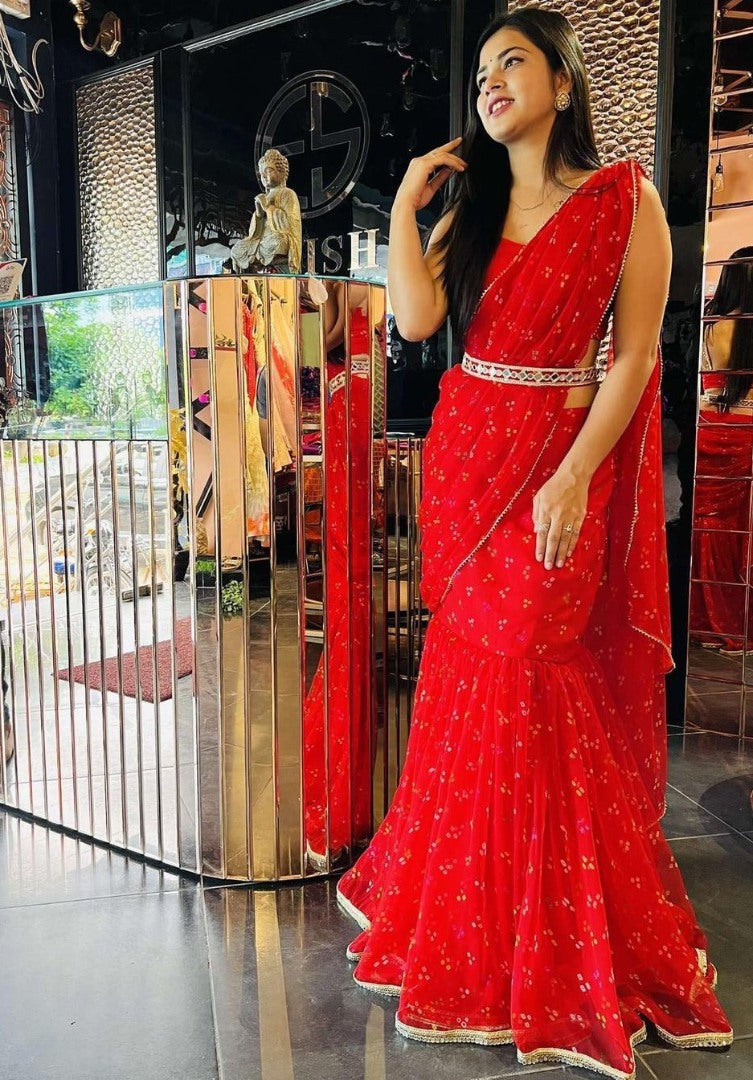 Red georgette printed lehenga saree