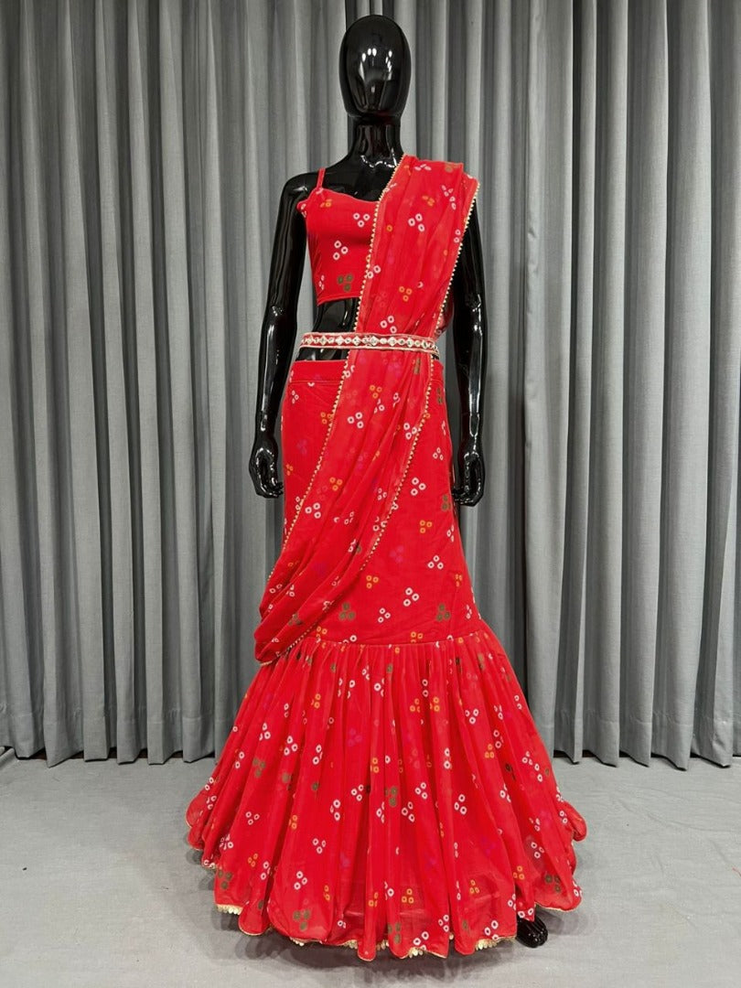 Red georgette printed lehenga saree