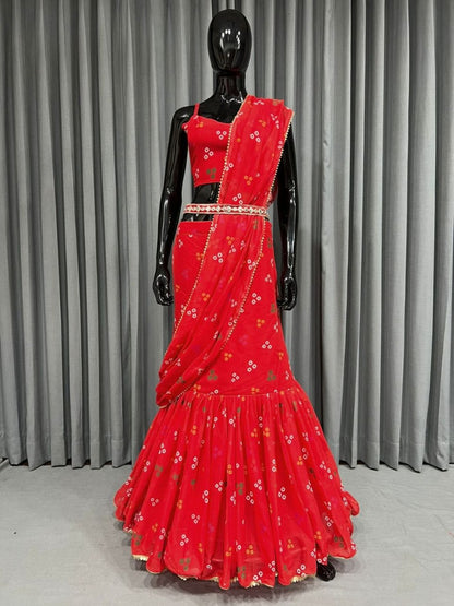 Red georgette printed lehenga saree