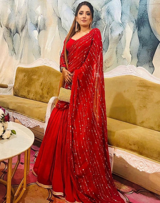 Red georgette ready to wear wedding lehenga saree