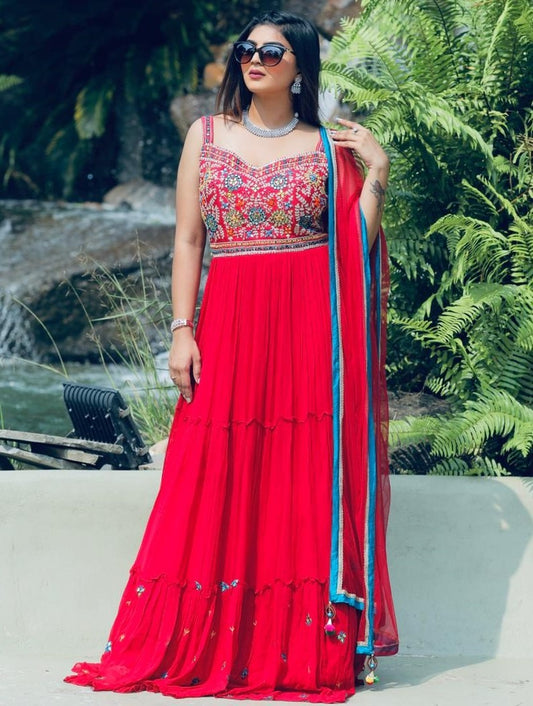 Red georgette real mirror and coading work gown