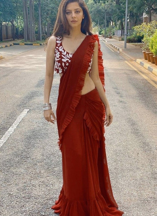 Red georgette ruffle border partywear lehenga saree