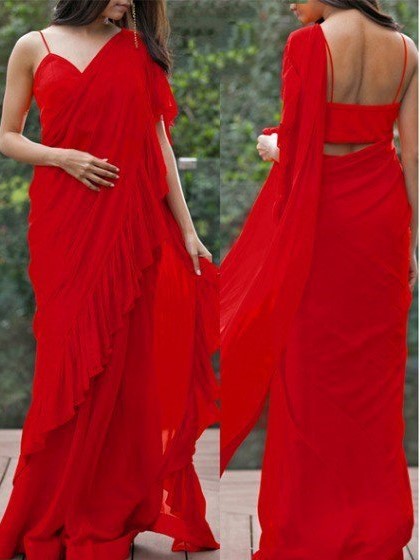 red georgette ruffle border plain partywear saree