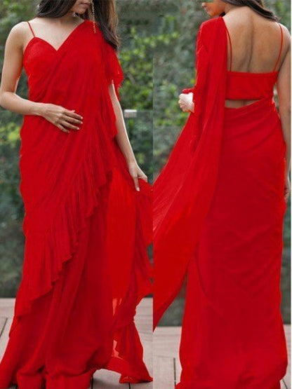 red georgette ruffle border plain partywear saree