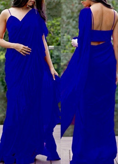 red georgette ruffle border plain partywear saree