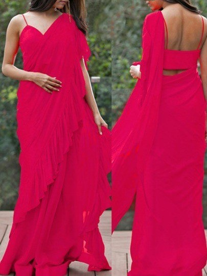 red georgette ruffle border plain partywear saree