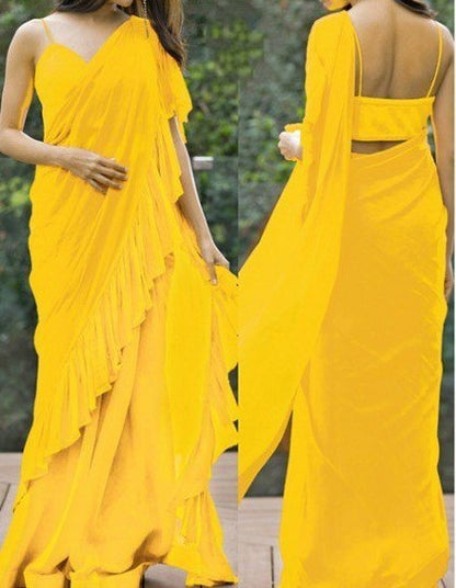 red georgette ruffle border plain partywear saree