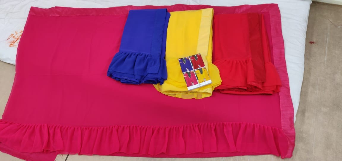 red georgette ruffle border plain partywear saree