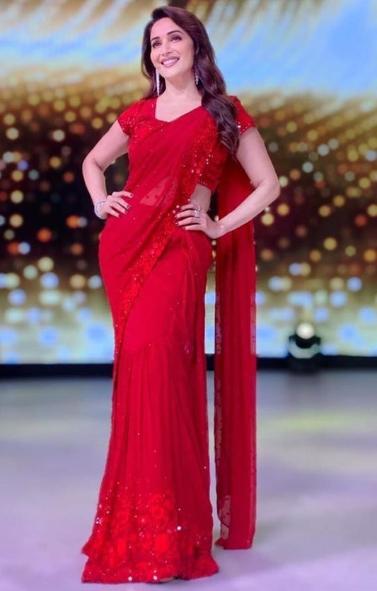 Red georgette sequence and moti work ruffle saree