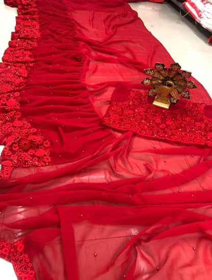 Red georgette sequence and moti work ruffle saree
