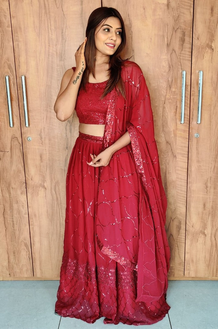 Red georgette sequence embroidered lehenga choli