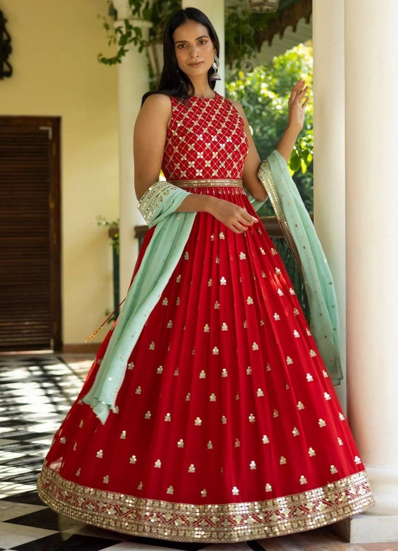 Red georgette sequence embroidery work wedding gown