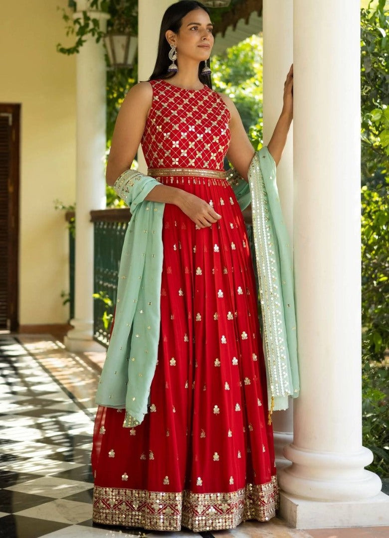 Red georgette sequence embroidery work wedding gown