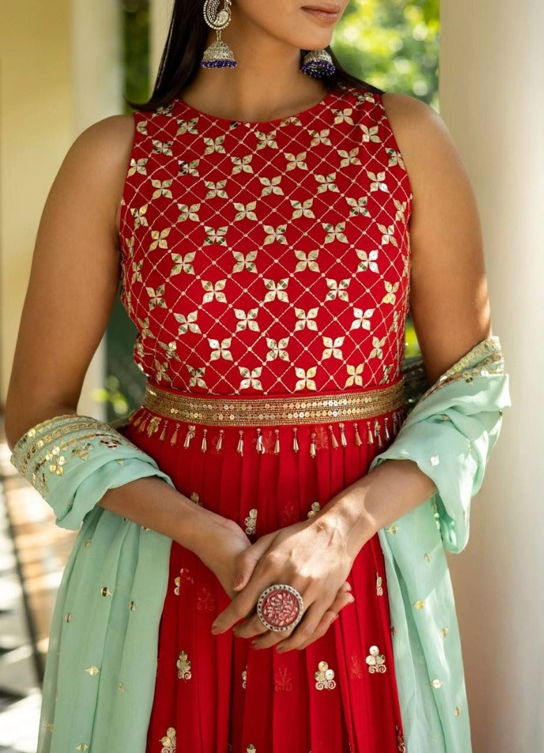 Red georgette sequence embroidery work wedding gown