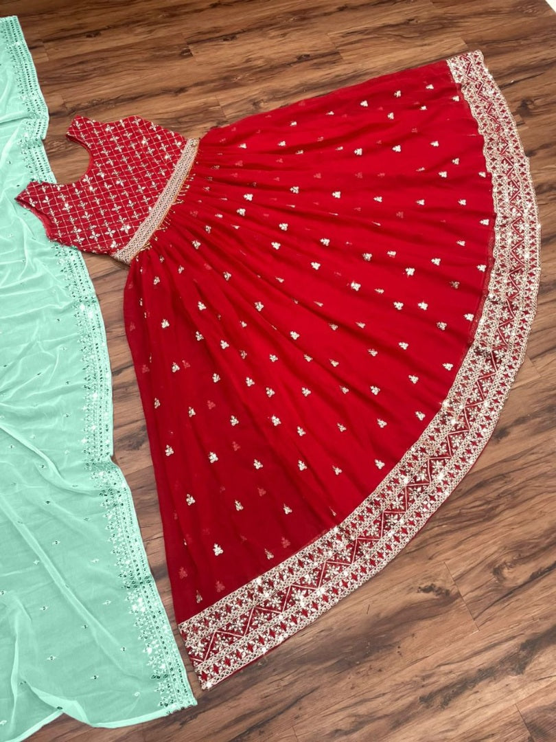 Red georgette sequence embroidery work wedding gown