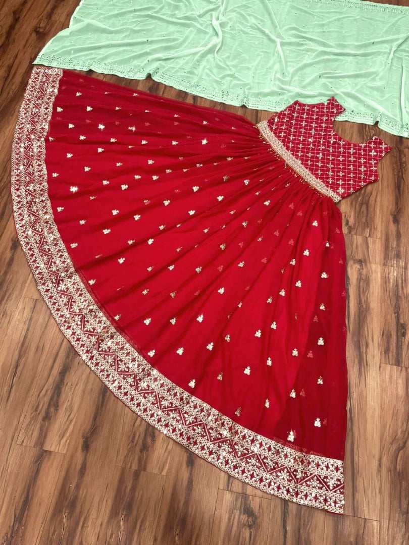 Red georgette sequence embroidery work wedding gown