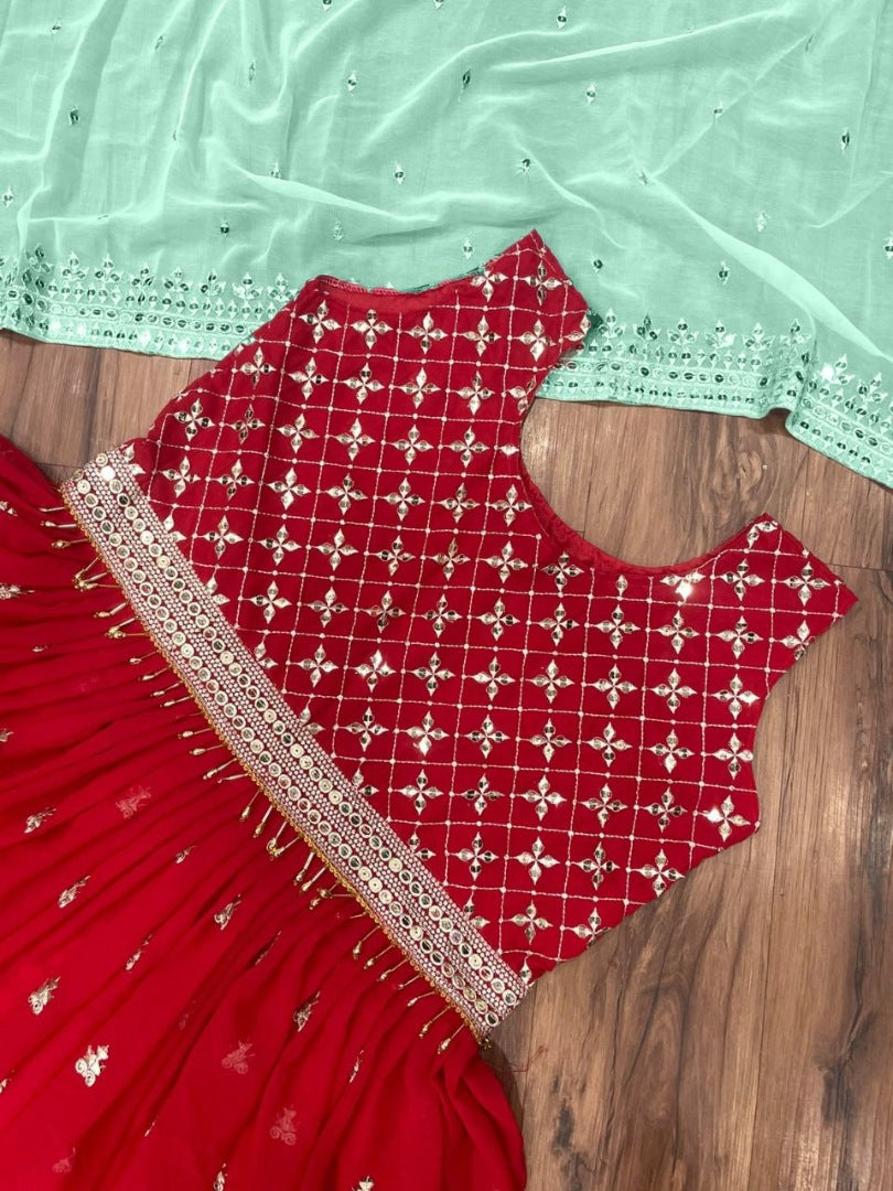 Red georgette sequence embroidery work wedding gown