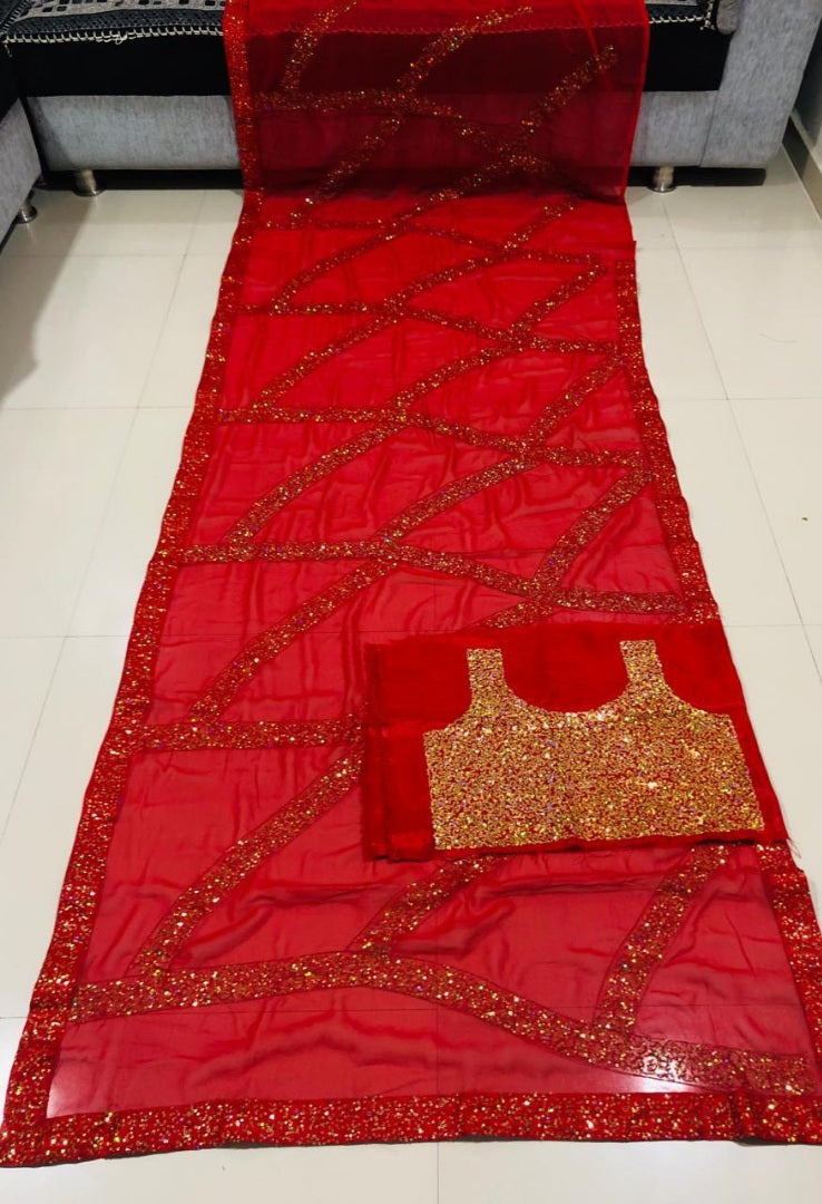 Red georgette sequence work ceremonial saree