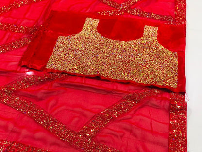 Red georgette sequence work ceremonial saree