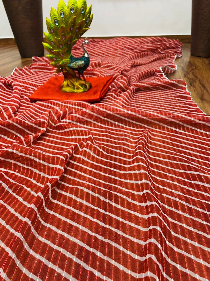 Red georgette sequence work laheriya printed saree
