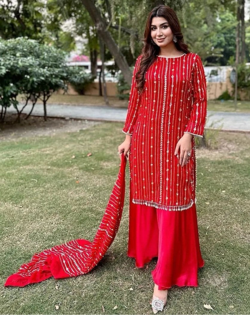 Red georgette sequence work palazzo suit