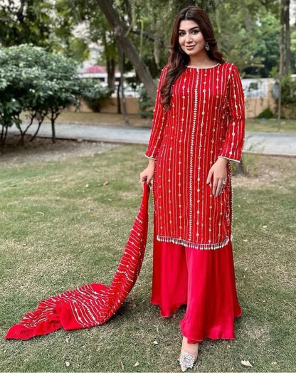 Red georgette sequence work palazzo suit