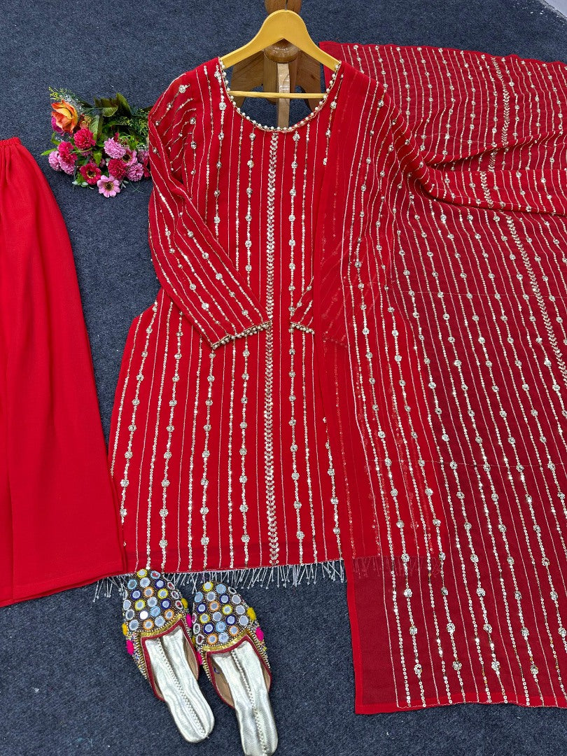 Red georgette sequence work palazzo suit