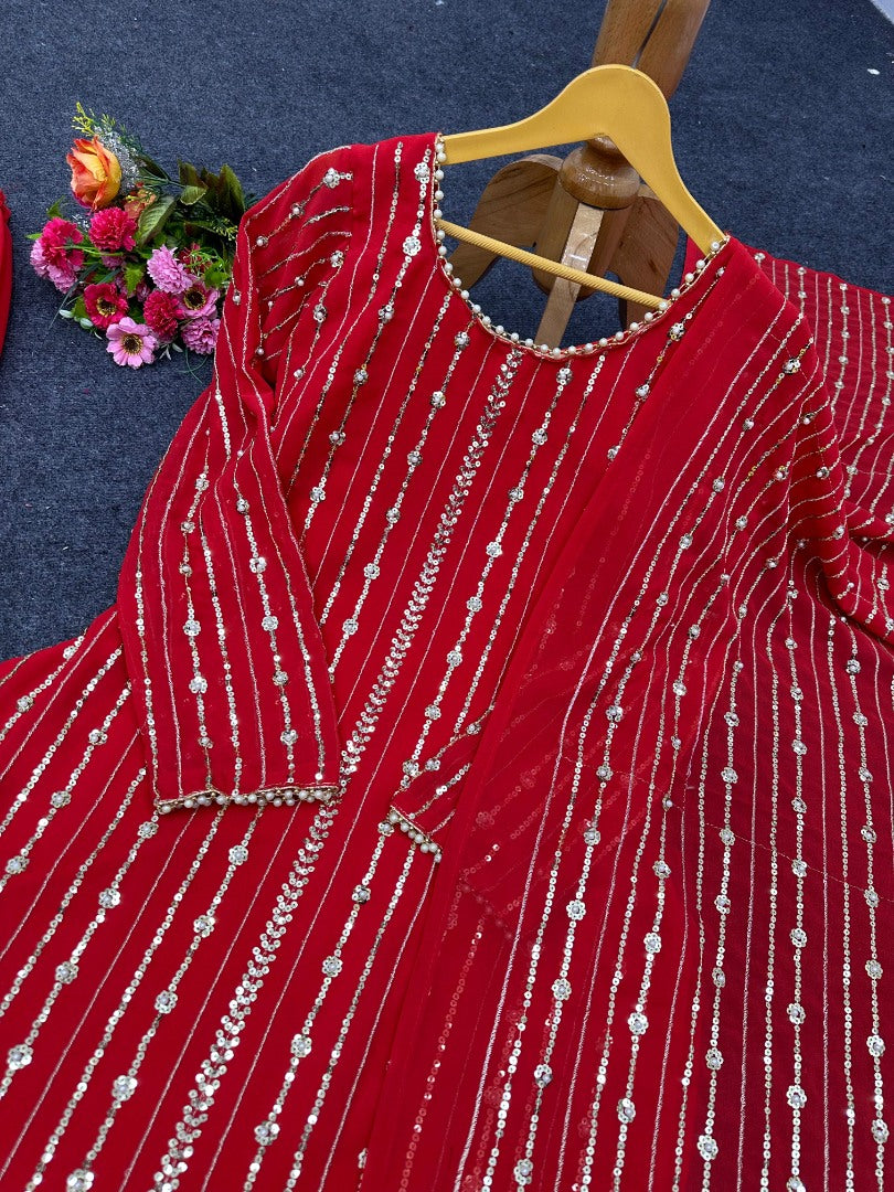 Red georgette sequence work palazzo suit
